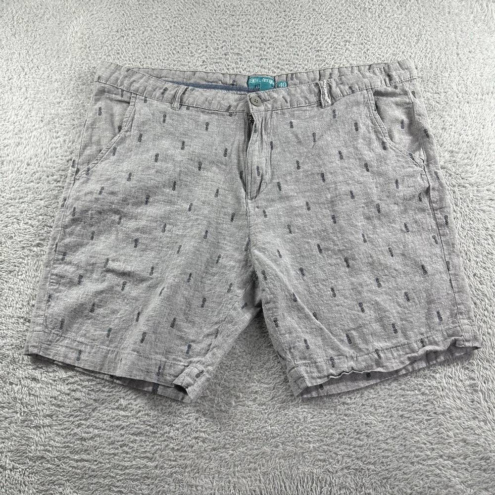 Tenth Ocean Linen Shorts Mens 40 Gray Pattern 7" Light Weight Pineapples